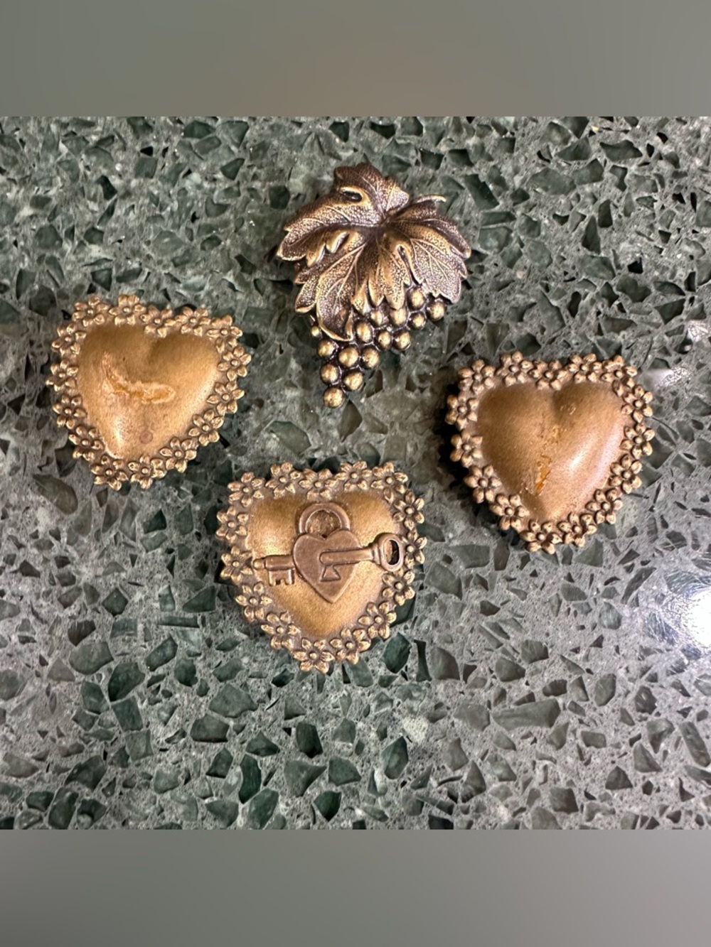 Vintage Set of 4 Antique Gold Tone Heart Shaped Button Covers READ